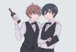  2boys ahoge bartender black_bow black_bowtie black_hair black_pants black_vest blue_eyes bottle bow bowtie brown_hair collared_shirt couple ensemble_stars! grey_background hair_between_eyes hand_on_another&#039;s_shoulder holding holding_bottle holding_menu itsuki_shu kagehira_mika long_sleeves looking_at_viewer male_focus menu multiple_boys mym pants parted_lips shirt short_hair simple_background vest waiter white_shirt wine_bottle yaoi 