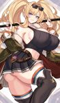  1girl absurdres blonde_hair blue_eyes braid breasts cleavage eyewear_on_head granblue_fantasy grin hair_intakes hairband highres large_breasts long_hair midriff multiple_girls navel nez-box sideboob smile solo sunglasses tank_top thighhighs twintails weapon zeta_(granblue_fantasy) 