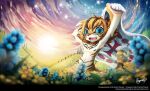 anthro blonde_hair blue_eyes blue_flower brown_markings cloud detailed fangs felid feline fence flag flower fur glistening glistening_eyes hair happy holding_flag holding_object leopardus looking_at_viewer male mammal markings meadow nude ocelot open_mouth open_smile orange_nose outside pawpads penguinexperience pink_pawpads plant pupils signature sky slit_pupils smile solo standing striped_markings striped_tail stripes tail tail_markings teeth theliel_(kogitsune) whiskers white_body white_fur yellow_body yellow_flower yellow_fur