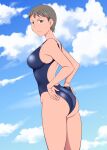  1girl adjusting_clothes adjusting_swimsuit ass blue_one-piece_swimsuit blue_sky brown_eyes brown_hair closed_mouth cloud cloudy_sky commentary_request competition_swimsuit cowboy_shot day freckles from_behind frown girls_und_panzer highres looking_at_viewer looking_back naomi_(girls_und_panzer) one-piece_swimsuit outdoors short_hair sky solo standing swimsuit tanaka_rikimaru very_short_hair 