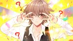  1boy ? artist_name black_vest blush brown_hair collarbone double_v dress_shirt falling_petals fate/apocrypha fate/grand_order fate_(series) hair_between_eyes light_blush male_focus matori_(penguin_batake) one_eye_closed parted_lips partially_unbuttoned petals red_eyes shirt short_hair sieg_(fate) single_hair_intake sparkle teeth twitter_username unbuttoned unbuttoned_shirt upper_body v v_over_eye vest white_shirt 