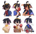  1boy 1other apple black_hair blue_shirt blush candy_apple closed_eyes closed_mouth collared_shirt crossed_bangs eating english_text flying_sweatdrops food fruit gloves hair_between_eyes highres holding holding_food holding_fruit jacket japanese_clothes kieran_(pokemon) knifedragon long_sleeves male_focus mole mole_on_neck multicolored_hair multiple_views one_eye_closed orange_eyes parted_lips partially_fingerless_gloves pokemon pokemon_sv purple_hair red_gloves shirt short_sleeves simple_background single_glove sweat topless_male upper_body white_background 