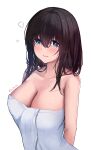  1girl absurdres black_hair blue_eyes blush breasts cleavage collarbone hair_between_eyes highres idolmaster idolmaster_cinderella_girls large_breasts looking_at_viewer naked_towel rufei_bot sagisawa_fumika simple_background solo towel twitter_username water_drop white_background white_towel 