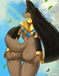 absurd_res anthro anubis_(pal) female genitals hair hi_res kennedy_oz long_hair looking_at_viewer looking_back pal_(species) palworld pocketpair presenting presenting_pussy pussy raised_tail solo spreading tail
