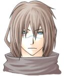  1boy bad_id blue_eyes brown_hair expressionless facial_mark final_fantasy final_fantasy_unlimited hair_between_eyes high_collar kuroki_kaze looking_at_viewer lowres male_focus medium_hair rendezvous scar scar_on_face scar_on_nose simple_background solo upper_body white_background 