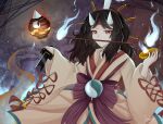  1other androgynous black_hair blue_fire candle candle_on_head fire hairband highres horns japanese_clothes kimono len&#039;en long_hair long_sleeves mouth_hold other_focus red_eyes red_ribbon ribbon short_hair solo taira_no_chouki temshi wide_sleeves yellow_kimono 