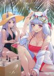  2girls :3 alternate_costume animal_ears bandana bandeau bangs bikini black_swimsuit blush board_game breasts casual_one-piece_swimsuit chess_piece cleavage closed_mouth ears_through_headwear food fruit glint gold_ship_(umamusume) grey_hair hat highres holding holding_spoon horizon horse_ears horse_girl horse_tail jacket jewelry knee_up large_breasts long_hair looking_at_viewer mejiro_mcqueen_(umamusume) multiple_girls nabe_saori necklace off_shoulder one-piece_swimsuit outdoors purple_eyes purple_hair red_bikini shogi shogi_piece sitting small_breasts spoon sun_hat swimsuit tail tongue tongue_out umamusume watermelon white_jacket 