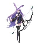  animal_ears black_thighhighs bow_(weapon) breasts cleavage_cutout clothing_cutout counter:side full_body highres holding holding_bow_(weapon) holding_weapon judy_(counter:side) large_breasts long_hair looking_at_viewer official_art pelvic_curtain purple_hair rabbit_ears side_slit tachi-e thighhighs transparent_background weapon wide_sleeves yellow_eyes 