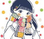  1girl black_eyes black_hair blush_stickers closed_mouth green_scarf hair_behind_ear hair_ornament hairpin hands_on_own_chest highres humi_natsu jacket long_bangs long_hair long_sleeves looking_down multicolored_clothes multicolored_scarf orange_scarf original polka_dot polka_dot_background red_scarf scarf simple_background smile solo straight_hair upper_body white_background white_jacket wispy_bangs 
