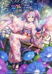 1girl :d copyright_notice feathered_wings fireworks flower geta heterochromia japanese_clothes kalavinka_(z/x) kimono long_hair multicolored_wings obi official_art purple_eyes purple_hair red_eyes ronce sash sitting smile solo teeth upper_teeth_only wings yukata z/x 