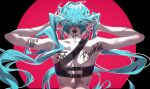  1girl absurdres aqua_hair arm_tattoo back back_tattoo earrings from_behind hatsune_miku highres il_hyang jewelry long_hair neck_tattoo ring rookie_(vocaloid) solo tattoo twintails upper_body very_long_hair vocaloid 