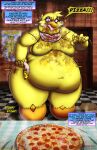 2024 absurd_res animatronic anthro avian beak belly belly_expansion bib big_belly big_breasts bird blood bodily_fluids breasts breath cheese chica_(fnaf) chicken dairy_products deep_navel dialogue digital_media_(artwork) door drooling english_text expansion feathers featureless_breasts female fingers five_nights_at_freddy&#039;s food galliform gallus_(genus) gore hi_res machine messy navel obese obese_anthro obese_female open_mouth overweight overweight_anthro overweight_female panting pepperoni pepperoni_pizza phasianid pink_eyes pizza pizza_slice robot saliva scottgames solo speech_bubble stuffing teeth text thick_thighs tongue tongue_out viroveteruscy weight_gain weight_gain_drive yellow_body yellow_feathers