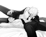  2boys arm_up bed_sheet belt boots collared_shirt cross-laced_footwear ear_piercing eyelashes feet_out_of_frame formal getou_suguru ggss_cc gojou_satoru greyscale hair_bun hair_pulled_back half-closed_eyes hand_on_own_head head_rest holding_another&#039;s_hair jacket jujutsu_kaisen lace-up_boots long_sleeves lying male_focus monochrome multiple_boys necktie no_blindfold on_back on_bed on_side pants parted_lips piercing plug_(piercing) ruffling_hair shirt short_hair simple_background single_hair_bun smile suit sunglasses tight tight_shirt upside-down 