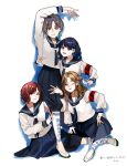  4girls armband asakura_toru atarashii_gakkou_no_leaders blue_hair blue_neckerchief blue_skirt brown_hair dark_blue_hair fukumaru_koito higuchi_madoka ichikawa_hinana idolmaster idolmaster_shiny_colors kneehighs long_sleeves looking_at_viewer multiple_girls neckerchief noctchill_(idolmaster) parody pleated_skirt purple_hair red_armband school_uniform serafuku shirt shoes skirt socks translation_request umeume332 uwabaki white_shirt white_socks 