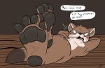  angry anthro brown_body brown_fur dylbun feet foot_focus fur furniture glowing glowing_eyes inscryption lying male mammal mustela mustelid musteline on_back pawpads reclining solo stoat stoat_(inscryption) table true_musteline 