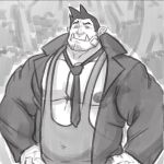  1boy ace_attorney alternate_muscle_size alternate_pectoral_size bandaid bandaid_on_cheek bandaid_on_face bara bare_pectorals belly coat collared_shirt covered_navel dick_gumshoe facial_hair goatee_stubble greyscale grisser_art large_pectorals loose_necktie male_focus mature_male monochrome monster_boy monsterification muscular muscular_male necktie nipples orc pectorals plump pointy_ears shirt short_hair singlet sketch solo stubble tusks upper_body 