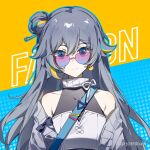  1girl absurdres artist_name bag bare_shoulders black_bow blonde_hair blue_background blue_eyes blue_hair bow chinese_text closed_mouth earrings english_text fu_hua glasses grey_hair grey_jacket hair_between_eyes hair_bun hair_ornament hairpin highres honkai_(series) honkai_impact_3rd jacket jewelry light_smile long_hair looking_at_viewer multicolored_background multicolored_hair off_shoulder official_alternate_costume saya_atang shirt shirt_bow shoulder_bag simplified_chinese_text single_earring solo streaked_hair white_bow white_shirt yellow_background 