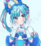  1girl back_bow blue_background blue_bow blue_corset blue_hair blue_theme blush bow brooch closed_mouth corset cure_spicy curly_hair delicious_party_precure detached_collar dot_nose earrings elbow_gloves floral_background fuwa_kokone gloves green_eyes hair_bow hair_ornament heart heart_brooch jewelry kuzumochi large_bow long_hair magical_girl money_gesture multicolored_hair pink_bow pink_hair precure side_ponytail simple_background single_hair_ring smile solo streaked_hair upper_body white_gloves 