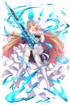  1girl aata1007 ahoge ass_visible_through_thighs blue_eyes breasts bride elbow_gloves garter_straps gloves high_heels highres long_hair looking_at_viewer open_mouth orange_hair pecorine_(princess_connect!) princess_connect! solo sword thighs tiara very_long_hair weapon 