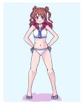  1girl angry bare_legs bikini blue_background blue_bow blue_eyes blue_neckerchief blue_sailor_collar blush bow commentary_request dot_nose full_body gakuen_idolmaster hanami_saki hands_on_own_hips highres idolmaster kelvin1996c legs looking_at_viewer medium_hair navel neckerchief pout red_hair sailor_collar sailor_swimsuit_(idolmaster) sandals shadow sidelocks solo standing stomach swimsuit thighs twintails v-shaped_eyebrows white_bikini white_footwear 