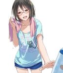  1girl 1other animal_print blue_shirt blue_shorts blurry blurry_foreground blush breasts brown_eyes brown_hair cat_print collarbone cowboy_shot holding holding_towel idolmaster idolmaster_cinderella_girls idolmaster_cinderella_girls_starlight_stage kamijo_haruna kawaty looking_at_viewer medium_breasts open_mouth pink-framed_eyewear pink_towel pov print_shirt reaching reaching_towards_viewer shirt short_hair short_sleeves shorts simple_background smile solo standing sweat towel white_background 