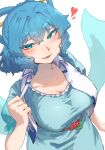  1girl blue_dress blue_eyes blue_hair blush breasts commentary dress hair_rings highres kaku_seiga large_breasts looking_at_viewer open_mouth shawl short_sleeves simple_background sobayu_to_tenpura solo touhou vest white_background white_vest 