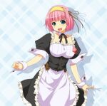  1girl apron atelier-moo bare_shoulders breasts collar frilled_apron frills full_body green_eyes hairband large_breasts machida_nodoka machidake maid maid_apron narrow_waist open_mouth puffy_short_sleeves puffy_sleeves short_hair short_sleeves skirt solo standing white_apron wrist_cuffs 