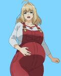  1girl ahoge big_belly blonde_hair blue_background breasts collarbone commentary commission english_commentary fiora_(xenoblade) fungus-man green_eyes hair_intakes hand_on_own_stomach highres large_breasts long_hair open_mouth overalls pregnant red_overalls shirt solo teeth upper_teeth_only white_shirt xenoblade_chronicles_(series) xenoblade_chronicles_1 