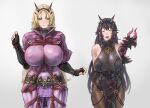  2girls abs armor arms_behind_back barghest_(second_ascension)_(fate) blonde_hair blush bodysuit breasts closed_eyes cosplay costume_switch earrings embarrassed fate/grand_order fate_(series) heavy_breathing heterochromia highres huge_breasts jewelry large_breasts long_hair minamoto_no_raikou_(fate) multiple_girls navel pauldrons rope see-through shoulder_armor simple_background single_pauldron tiara tonko_from vambraces wide_hips 