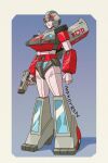  1girl arcee artist_name blue_background blue_eyes border full_body fusion grey_border gun holding holding_gun holding_weapon makoto_ono mecha outside_border red_alert_(transformers) red_lips robot shadow smile solo transformers transformers:_generation_1 v-fin weapon 