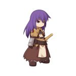  1girl brown_dress chest_guard chibi closed_mouth dress fighting_stance floral_print frilled_dress frills frown full_body gauntlets holding holding_sword holding_weapon long_hair medium_bangs official_art purple_eyes purple_hair ragnarok_online ready_to_draw rose_print sidelocks simple_background solo standing sword swordsman_(ragnarok_online) tachi-e transparent_background v-shaped_eyebrows weapon yuichirou 