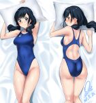  1girl amano_hina_(tenki_no_ko) ass black_hair blue_eyes blue_one-piece_swimsuit breasts commission competition_swimsuit covered_navel cowboy_shot dakimakura_(medium) dated from_above from_behind highleg highleg_swimsuit highres long_hair looking_at_viewer looking_back low_twintails lying medium_breasts multiple_views on_back on_stomach one-piece_swimsuit pillow pixiv_commission signature swimsuit tenki_no_ko twintails yoo_tenchi 