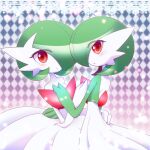  2girls blush bob_cut checkered_background colored_skin dress gardevoir green_hair hand_on_another&#039;s_back hug looking_at_viewer mega_gardevoir multicolored_skin multiple_girls pokemon pokemon_(creature) red_eyes shiratsuki_(royal_moon) two-tone_skin white_dress white_skin 