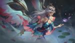  1girl absurdres bare_shoulders blue_dress blue_gemstone blue_pants breasts cleavage corset cowboy_shot crown detached_sleeves diadem dress earrings gem hair_ornament hand_up highres immortal_journey_(league_of_legends) immortal_journey_kayle jewelry kayle_(league_of_legends) kgynh league_of_legends lily_pad long_hair magic medium_breasts outdoors pants red_eyes red_lips red_nails red_tassel short_dress sleeveless sleeveless_dress solo standing straight_hair tassel tassel_earrings water white_hair wide_sleeves wings 