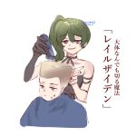  2girls artist_name barber_cape black_dress black_gloves black_nails blue_cape brown_hair cape choso_giving_toudou_a_haircut_(meme) commentary cutting_hair dress electric_razor fade_(haircut) gloves green_hair highres itchyro meme multiple_girls nail_polish parted_lips purple_eyes sense_(sousou_no_frieren) short_hair side_ponytail simple_background single_glove sketch sousou_no_frieren sweatdrop translation_request ubel_(sousou_no_frieren) white_background 