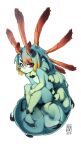  1girl 2019 antennae arthropod_girl arthropod_limbs artist_name blonde_hair caterpillar_girl closed_mouth colored_skin colored_tips dated full_body green_hair green_skin highres knees_up looking_at_viewer monster_girl multicolored_hair orange_hair original pointy_ears red_eyes rinkae short_hair sitting solo thick_eyebrows white_background 