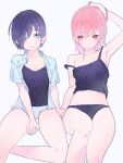  2girls arm_up between_legs black_camisole black_hair black_panties blue_eyes blue_shirt breasts camisole cleavage collarbone collared_shirt commentary_request cosette_schneider grey_background hair_between_eyes hair_over_one_eye hand_in_own_hair highres holding_hands looking_at_viewer medium_breasts midriff multiple_girls navel original panties pink_hair shirt short_hair short_sleeves simple_background sitting smile strap_slip underwear valentine_(02140314c) white_panties yuri 