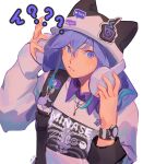  1boy ? ?? absurdres aqua_hair english_commentary hair_between_eyes hands_on_headphones hat headphones_over_headwear highres hitodama holostars jewelry long_hair looking_to_the_side male_focus mararu minase_rio multicolored_hair purple_eyes purple_hair slit_pupils solo streaked_hair two-tone_hair upper_body virtual_youtuber watch white_background wristwatch 