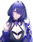  1girl absurdres acheron_(honkai:_star_rail) black_choker breasts choker cleavage coat commentary_request furiasu hair_ornament head_tilt highres honkai:_star_rail honkai_(series) long_hair looking_at_viewer purple_eyes purple_hair simple_background single_bare_shoulder solo upper_body very_long_hair white_background white_coat 