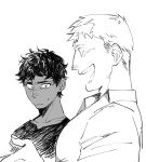  2boys :d blush character_request dark-skinned_male dark_skin dungeon_meshi flan_(flufffyflan) from_side girl_staring_at_guys_chest_(meme) greyscale highres laios_thorden looking_at_pectorals male_focus meme monochrome multiple_boys pectorals profile smile sweatdrop thick_eyebrows yaoi 