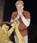  2boys blonde_hair blush dungeon_meshi furry furry_male furry_with_non-furry gasp hands_over_own_mouth interspecies laios_thorden lese_fanyingdui lion_boy male_focus marriage_proposal multiple_boys parody_request photo_background standing thick_eyebrows winged_lion_(dungeon_meshi) yellow_eyes 