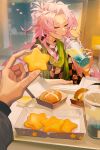  burger checkered_clothes checkered_shirt chinese_commentary commentary_request cookie cup dollyja drinking food green_scarf hatsutori_hajime highres holding holding_cookie holding_cup holding_food indoors jewelry long_sleeves male_focus necklace out_of_frame pink_hair ponytail pov red_eyes saibou_shinkyoku scarf shirt solo_focus star-shaped_food utsugi_noriyuki 