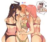  3girls absurdres amlichan ass asymmetrical_horns black_hair blue_hair blush breasts cleavage colored_inner_hair demon_horns earrings feather_earrings feathers highres hololive hololive_english horns jewelry large_breasts licking licking_another&#039;s_cheek licking_another&#039;s_face long_hair mole mori_calliope multicolored_hair multiple_girls nerissa_ravencroft orange_hair pink_hair red_eyes smile swimsuit takanashi_kiara virtual_youtuber yuri 