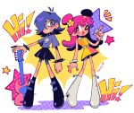  2girls boots cartoon_network guitar hi_hi_puffy_amiyumi highres holding holding_instrument holding_microphone instrument microphone multiple_girls one_eye_closed one_eye_covered purple_eyes purple_hair signature skirt smile yanana_ua 