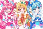  3girls :d ;q apron back_bow blonde_hair blue_bow blue_corset blue_hair blush bow brooch bun_cover choker closed_mouth cone_hair_bun corset creature cure_precious cure_spicy cure_yum-yum curly_sidelocks delicious_party_precure detached_collar dog dot_nose double_bun dragon drill_hair elbow_gloves flower fox fuwa_kokone gloves green_bow green_eyes hair_between_eyes hair_bow hair_bun hair_flower hair_ornament hairband hanamichi_ran hat hat_bow head_tilt heart heart_brooch highres jewelry kome-kome_(precure) kuzumochi large_bow long_hair looking_at_viewer magical_girl mem-mem_(precure) mini_hat money_gesture multicolored_hair multiple_girls nagomi_yui one_eye_closed open_mouth pam-pam_(precure) pink_bow pink_choker pink_hair pink_hairband precure purple_bow purple_eyes red_eyes side_ponytail single_hair_ring smile sparkle streaked_hair striped_bow tongue tongue_out twin_drills two-tone_hair two_side_up upper_body white_apron white_background white_gloves 