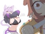  2girls absurdres animal_ears arms_up black_bra bra braid breasts brown_eyes brown_hair cat_ears cat_girl cat_tail cleavage clothes_lift cocomayo29_(tomato) commentary_request dog_ears fang highres holding holding_knife hololive hololive_indonesia inugami_korone knife large_breasts lifted_by_self long_hair long_sleeves looking_at_viewer motion_lines multiple_girls navel nekomata_okayu open_mouth purple_eyes purple_hair shaded_face simple_background stomach sweat tail translation_request underwear undressing virtual_youtuber white_background wide-eyed 