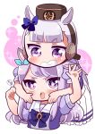  2girls amagiri_dia animal_ears annoyed arms_up bangs blue_bow blunt_bangs blush bow brown_headwear cheek_squash chibi clenched_hand earmuffs gold_ship_(umamusume) hair_bow hands_on_another&#039;s_cheeks hands_on_another&#039;s_face hands_up hat highres horse_ears horse_girl light_purple_hair mejiro_mcqueen_(umamusume) multiple_girls open_mouth pleated_skirt puffy_short_sleeves puffy_sleeves purple_bow purple_eyes purple_hair purple_serafuku school_uniform serafuku short_eyebrows short_sleeves simple_background skirt smile swept_bangs teeth umamusume v_arms white_background white_skirt 