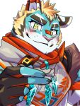 anthro aoi_tachi0 armor blonde_hair blue_body blue_fur blush clothing felid fingerless_gloves fur gloves green_eyes hair handwear hi_res lifewonders live_a_hero male mammal muscular muscular_anthro muscular_male pantherine pecs rexer solo striped_body striped_fur stripes tiger