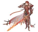  1boy 700hash armor armored_boots artist_name boots closed_mouth fire gauntlets granblue_fantasy highres holding holding_sword holding_weapon looking_at_viewer male_focus pauldrons percival_(granblue_fantasy) red_armor red_hair short_hair shoulder_armor simple_background smile solo sword weapon white_background 