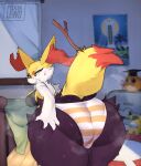 absurd_res anthro big_butt bottomwear braixen butt canid canine clothed clothing female foxialewd fur generation_6_pokemon hi_res huge_butt inner_ear_fluff mammal nintendo pokemon pokemon_(species) rear_view simple_background solo tail tuft white_body white_fur yellow_body yellow_fur